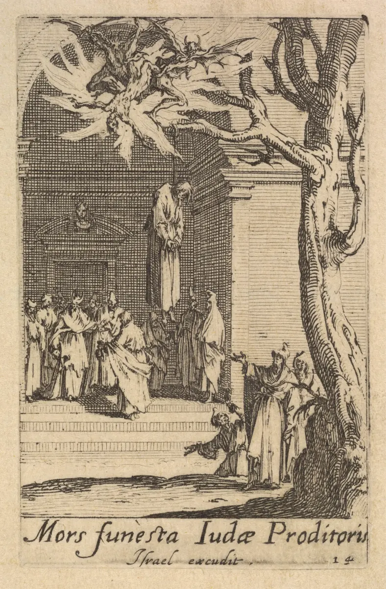 An etching of a body hanging from a tree outside a classical building, with groups of figures gathered on the steps below.