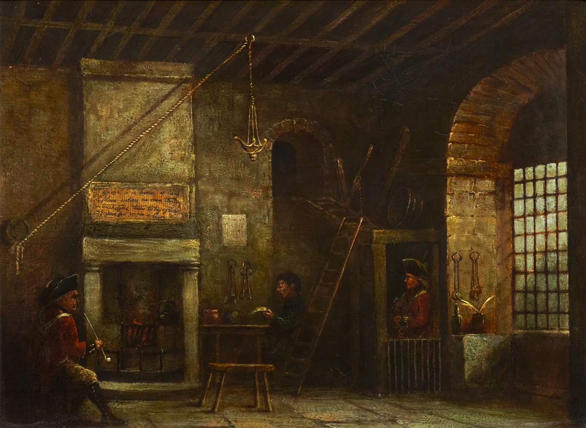 An oil painting of a dim stone hall with a beamed ceiling, a barred window, a ladder propped against the wall, and three men in eighteenth century dress, two of them in red coats.