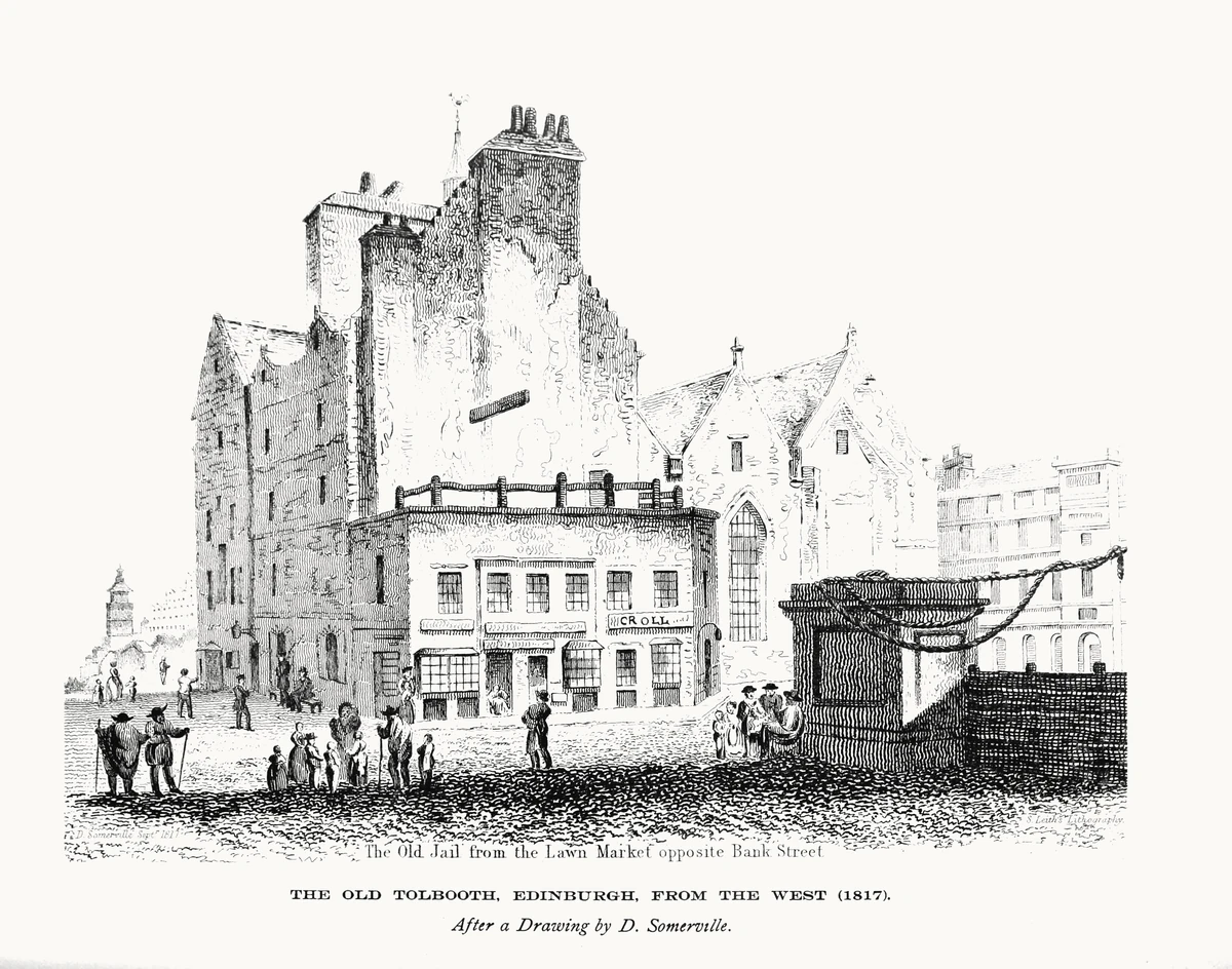 An engraving of a tall stone building with crow-stepped gables and clustered chimneys, standing at the end of a street, with small groups of figures in front of it.