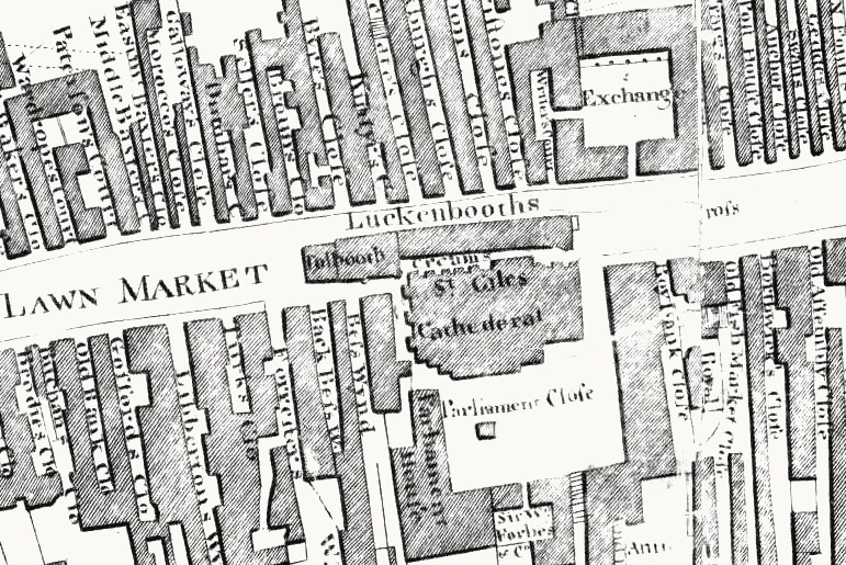 A detail from an eighteenth century town plan showing narrow closes running off a main street, with Tolbooth and St Giles Cathedral labelled near the centre.