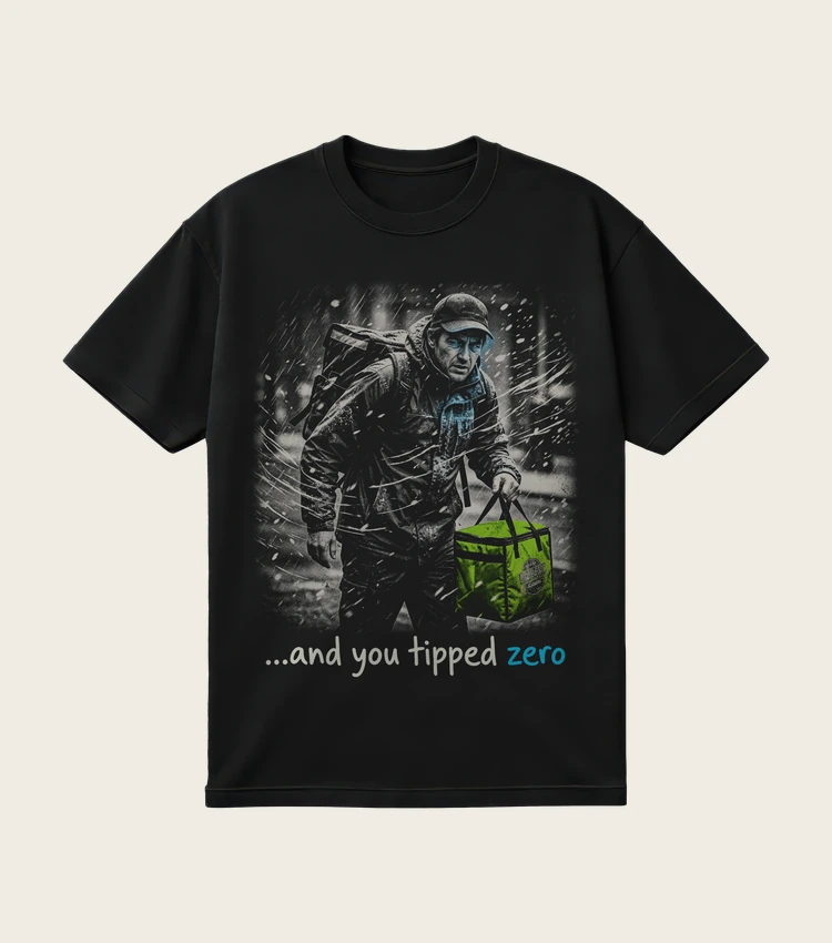 And You Tipped Zero printed on a black t-shirt, laid flat