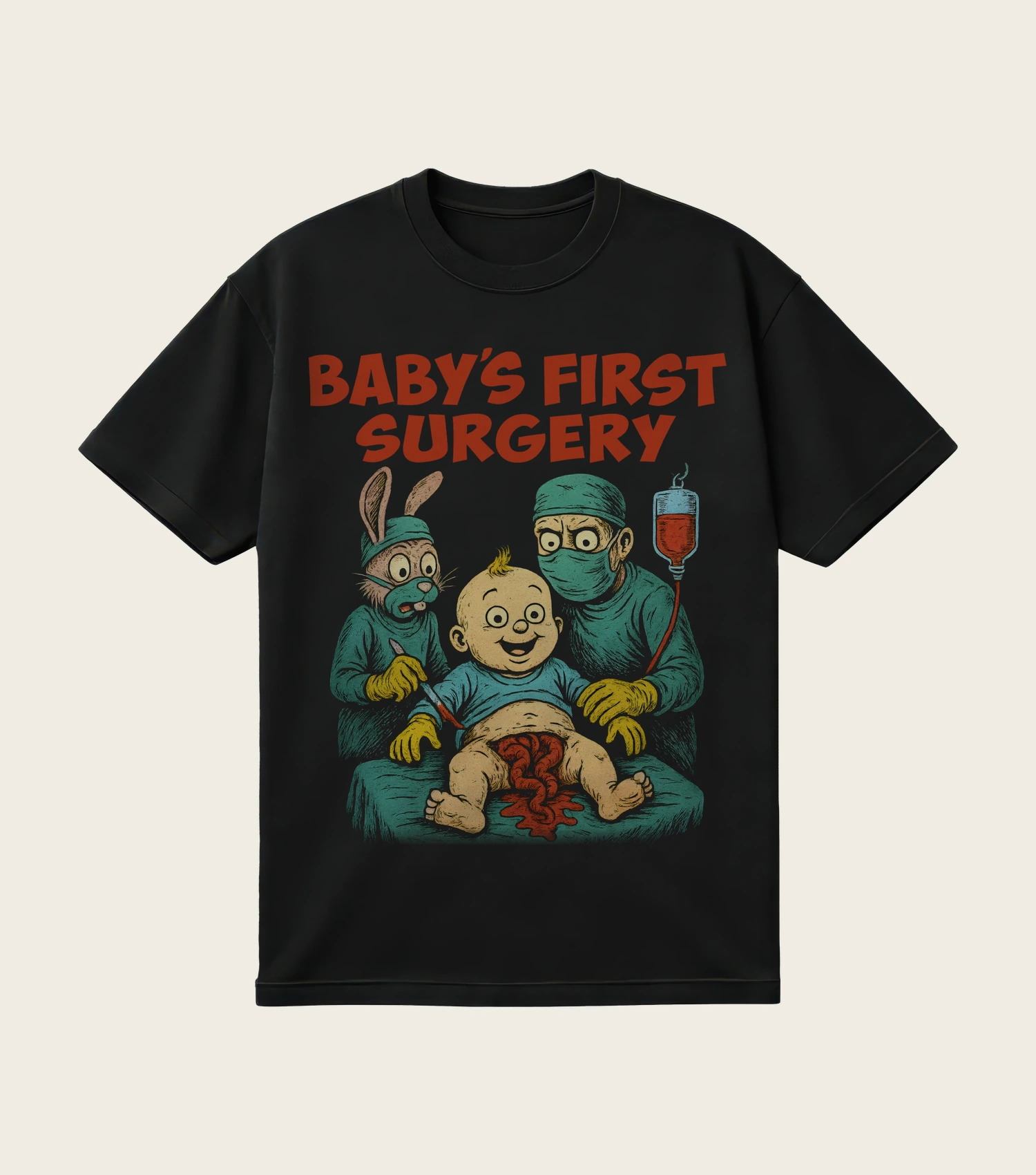 Baby's First Surgery printed on a black t-shirt, laid flat