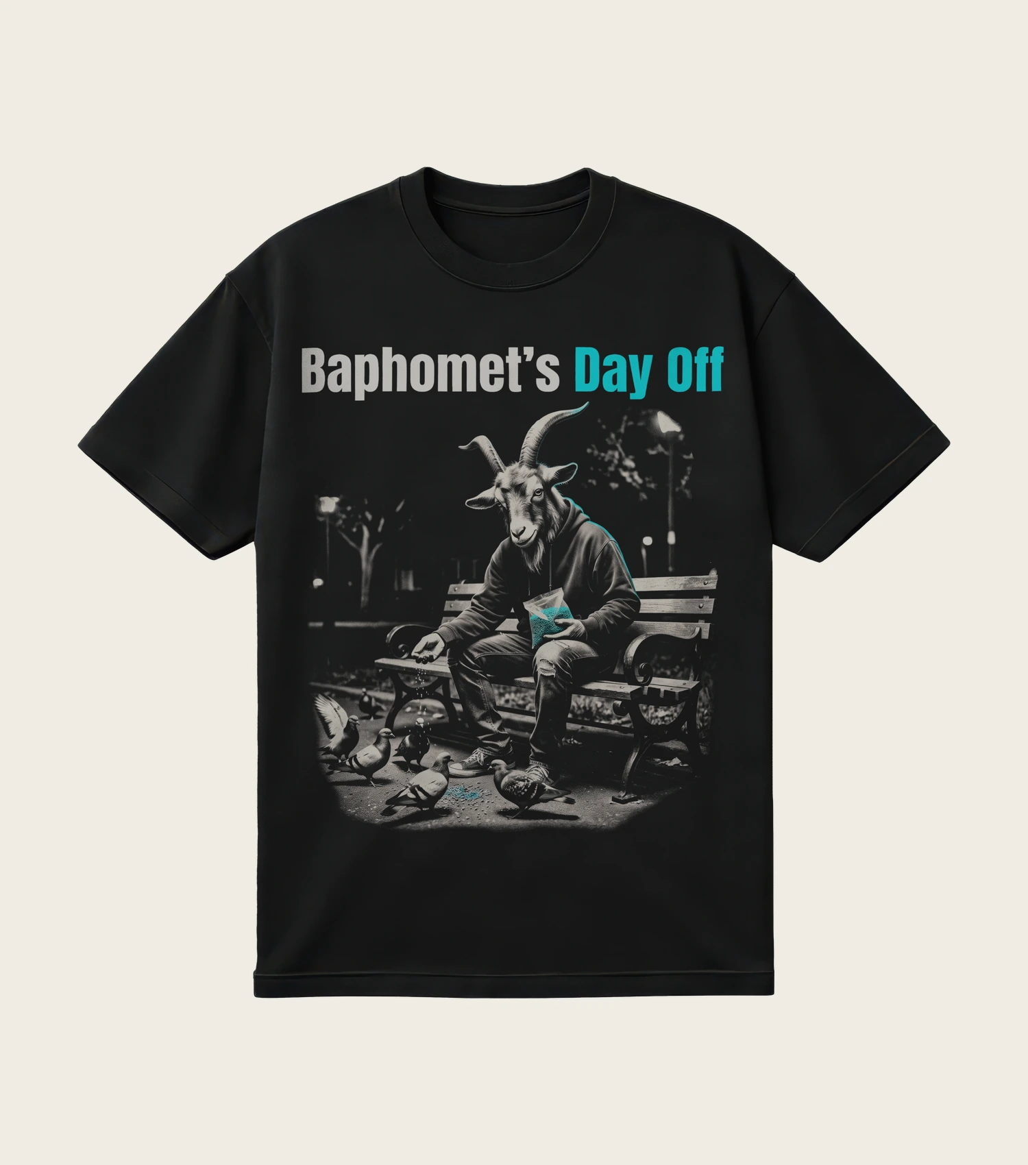 Baphomet's Day Off printed on a black t-shirt, laid flat