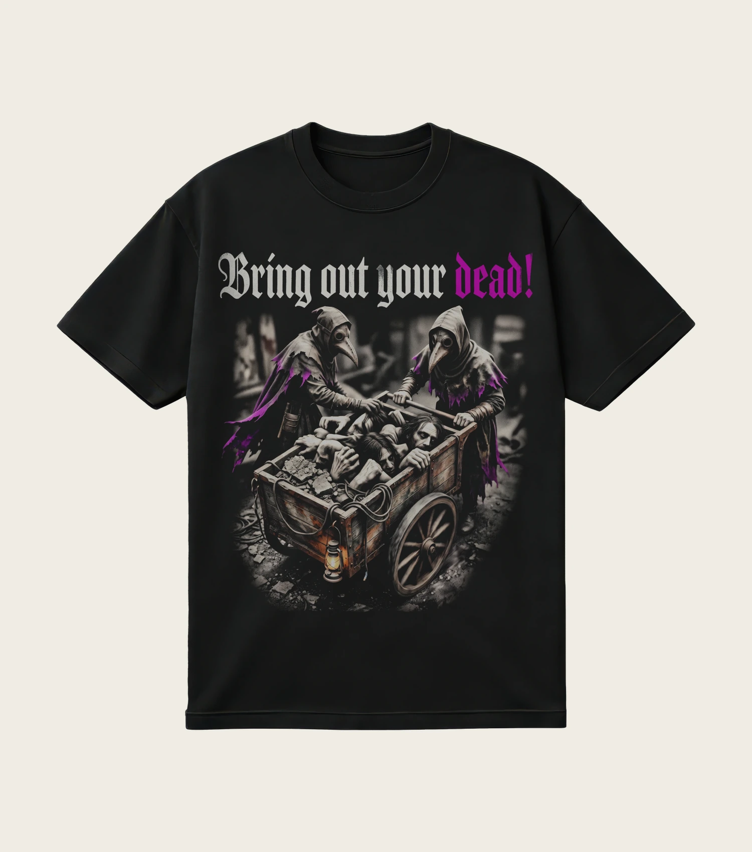 Bring Out Your Dead! printed on a black t-shirt, laid flat