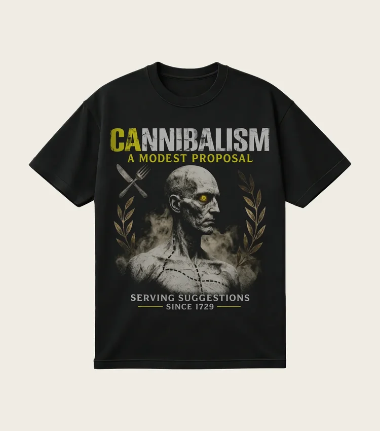 Cannibalism: A Modest Proposal printed on a black t-shirt, laid flat
