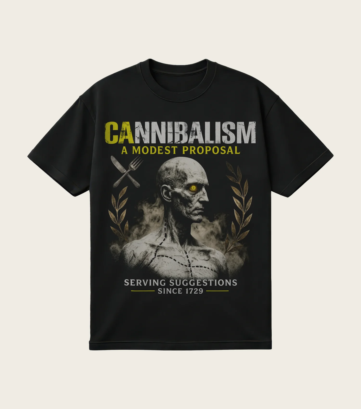 Cannibalism: A Modest Proposal printed on a black t-shirt, laid flat