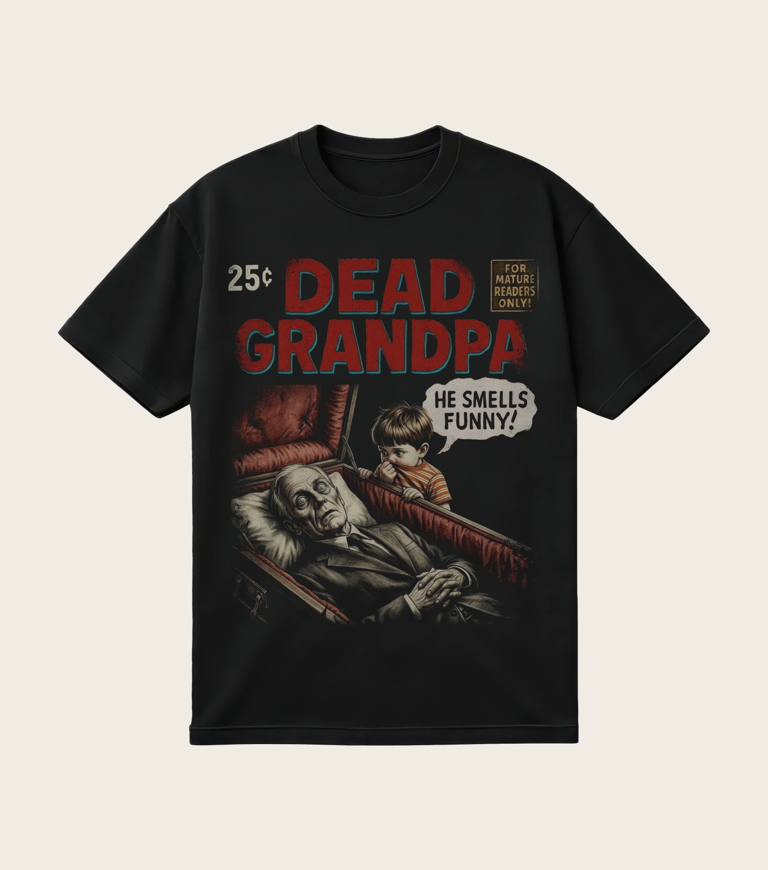 Dead Grandpa printed on a black t-shirt, laid flat