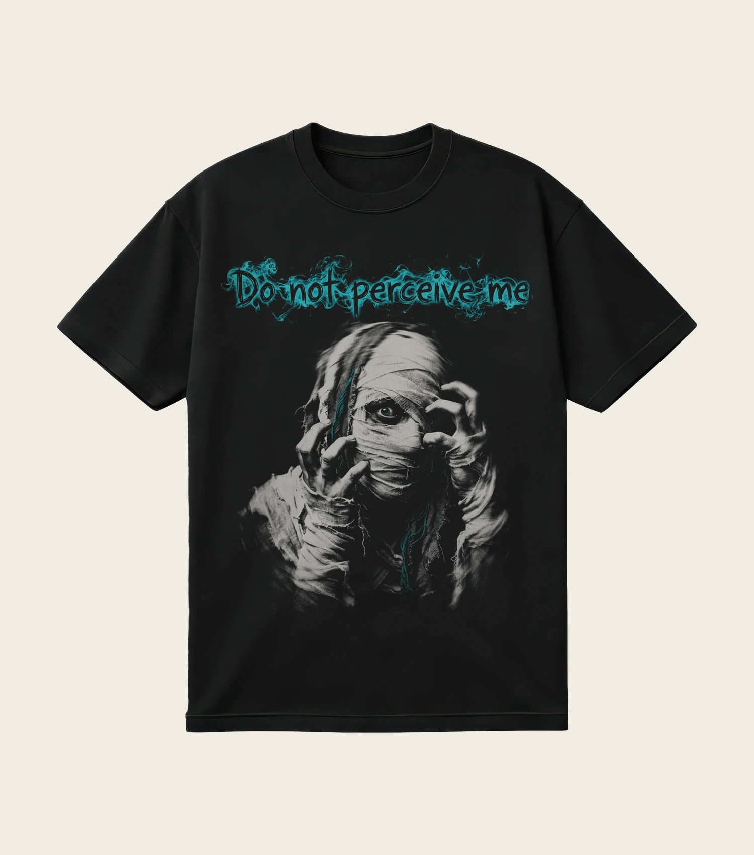 Do Not Perceive Me printed on a black t-shirt, laid flat