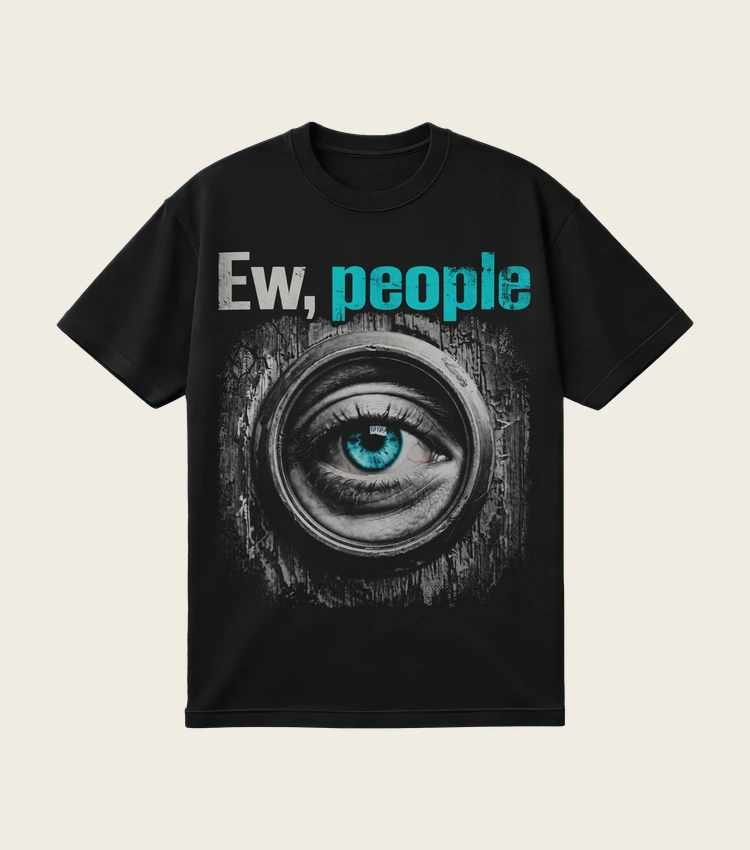 Ew, People printed on a black t-shirt, laid flat