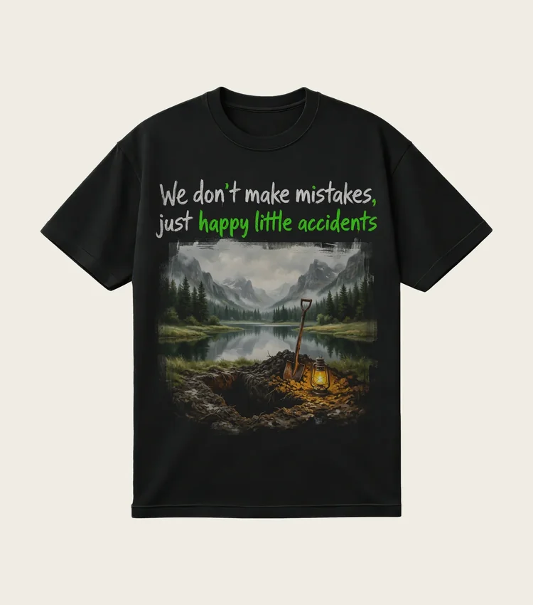 Happy Little Accidents printed on a black t-shirt, laid flat