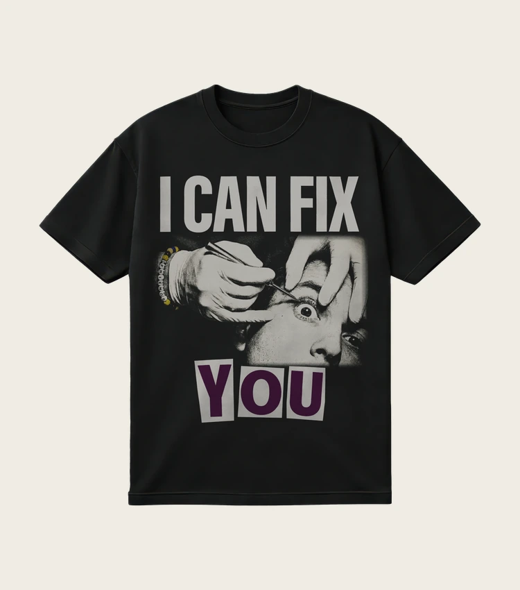 I Can Fix You printed on a black t-shirt, laid flat