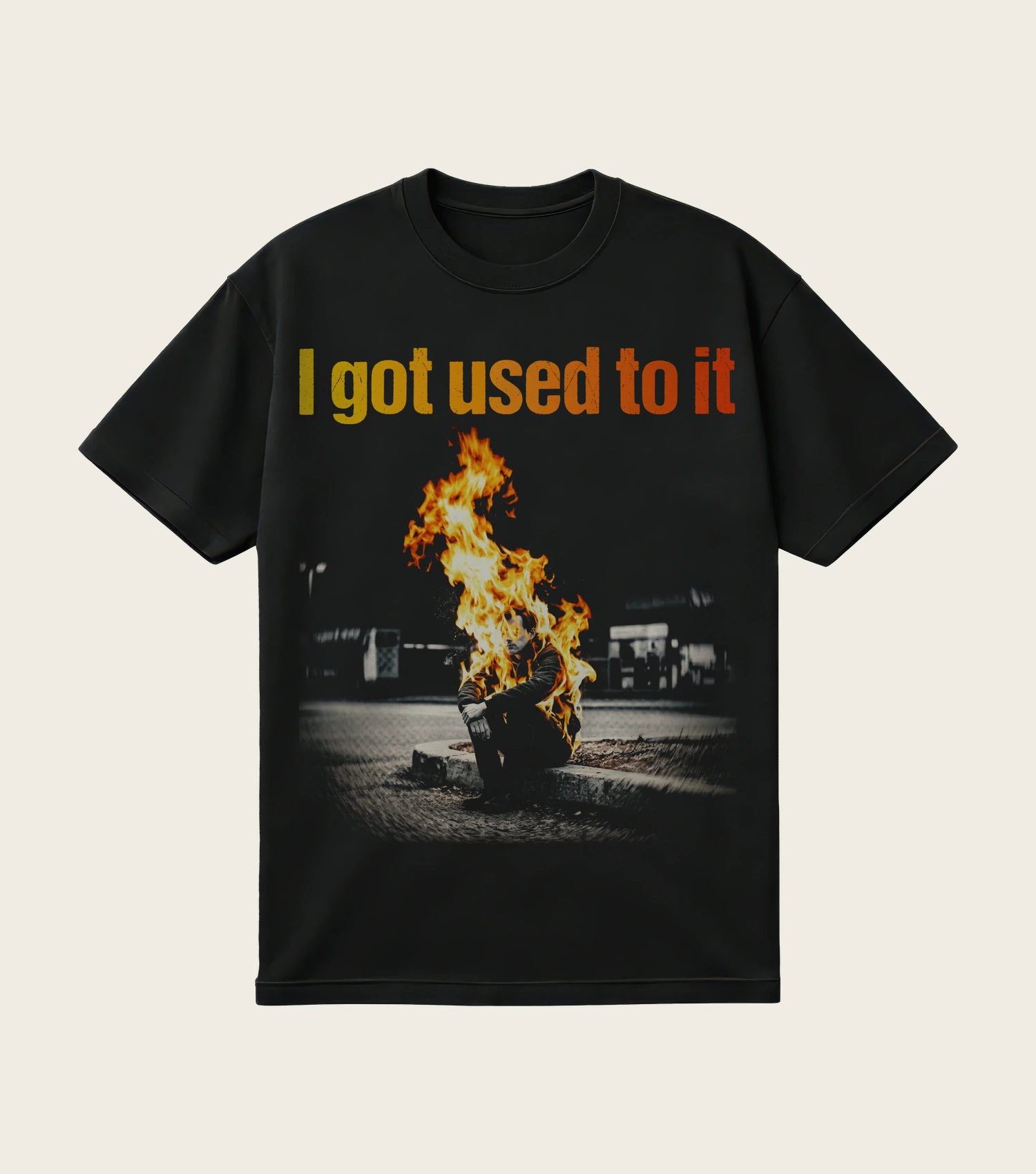 I Got Used to It printed on a black t-shirt, laid flat