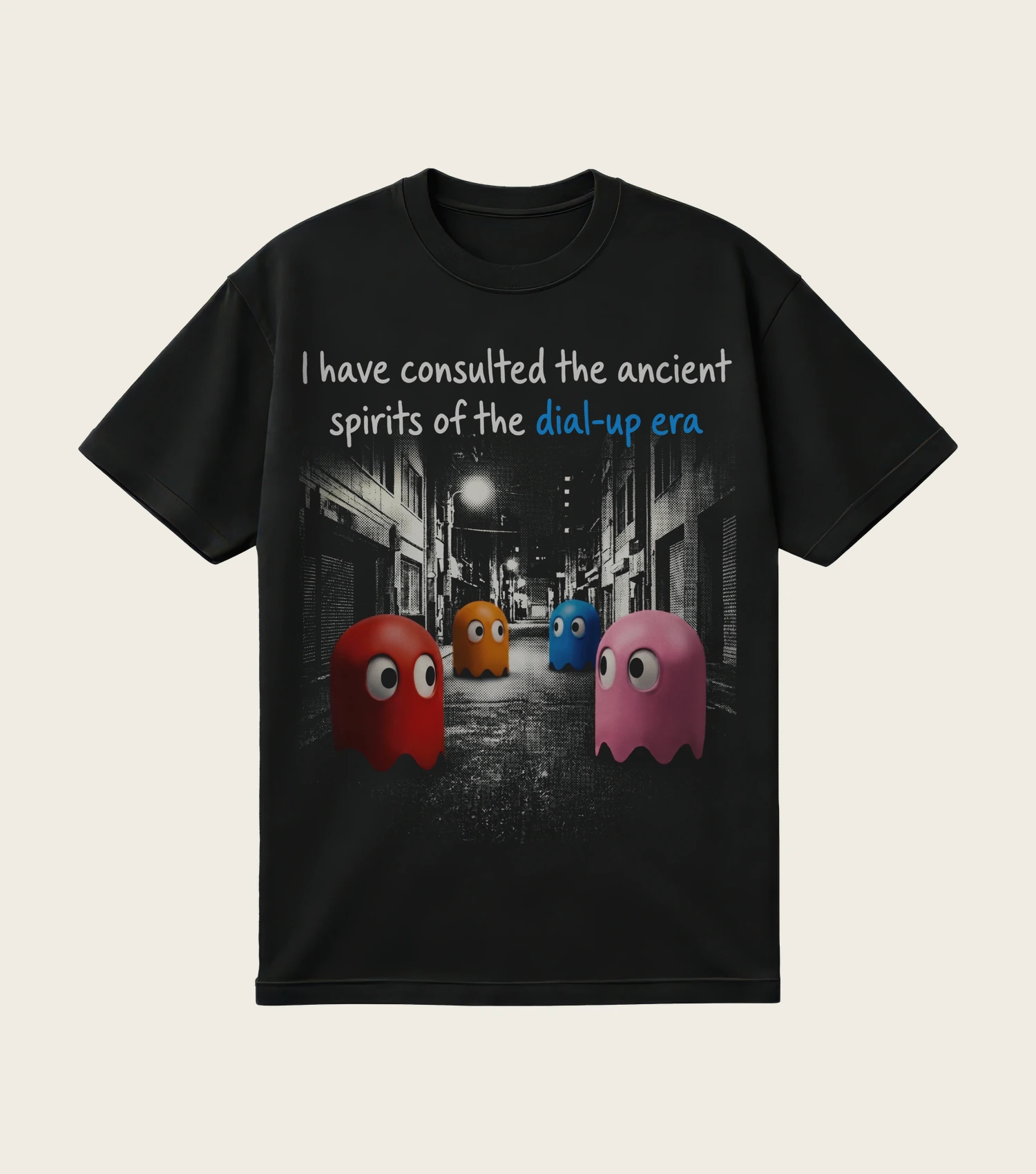 The Ancient Spirits of the Dial-Up Era printed on a black t-shirt, laid flat