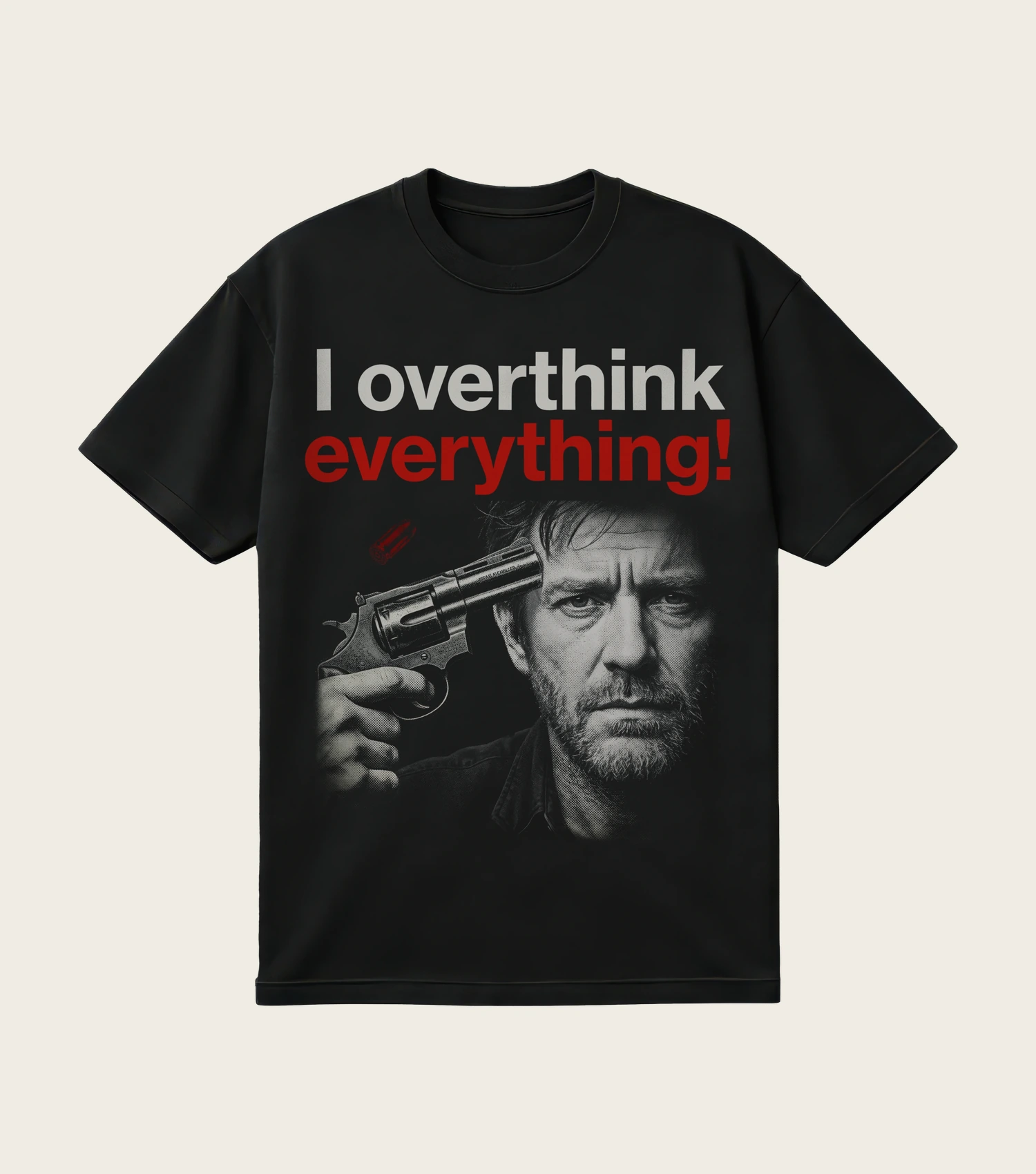 I Overthink Everything! printed on a black t-shirt, laid flat