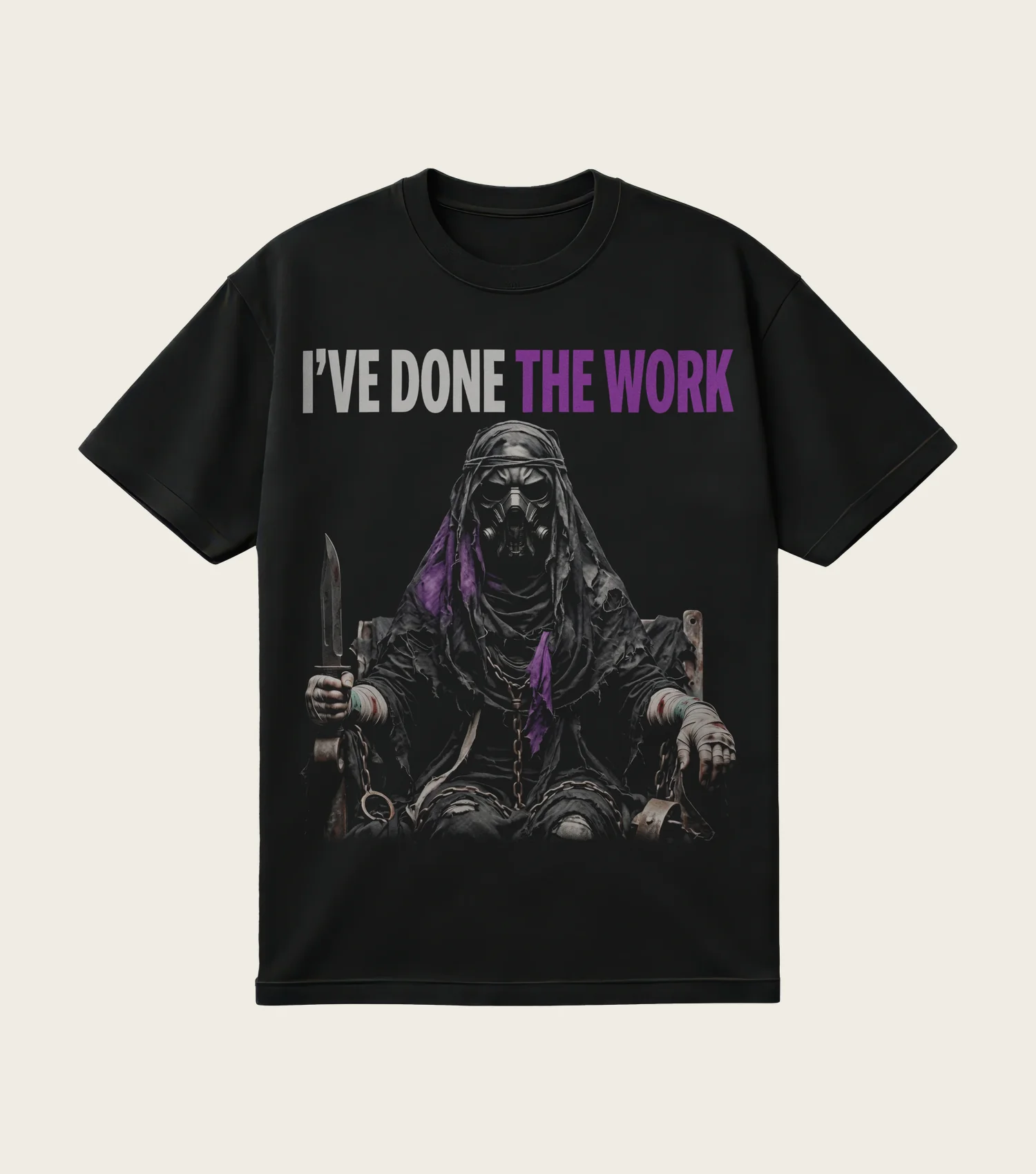 I've Done the Work printed on a black t-shirt, laid flat