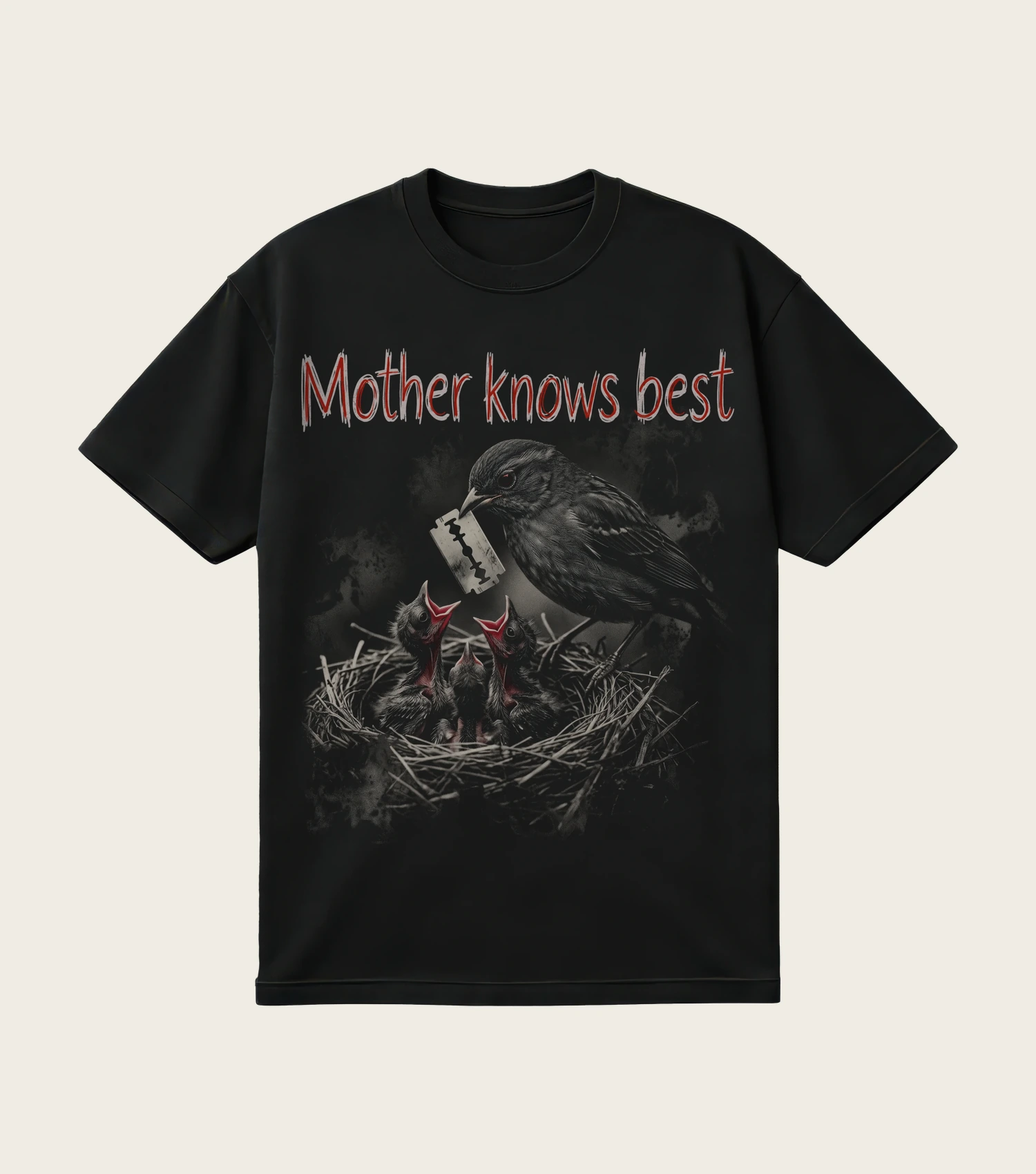 Mother Knows Best printed on a black t-shirt, laid flat
