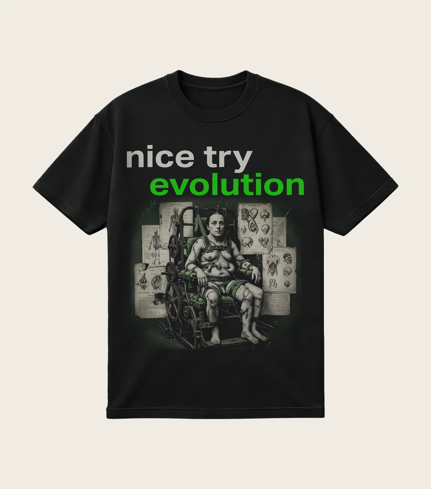 Nice Try Evolution printed on a black t-shirt, laid flat