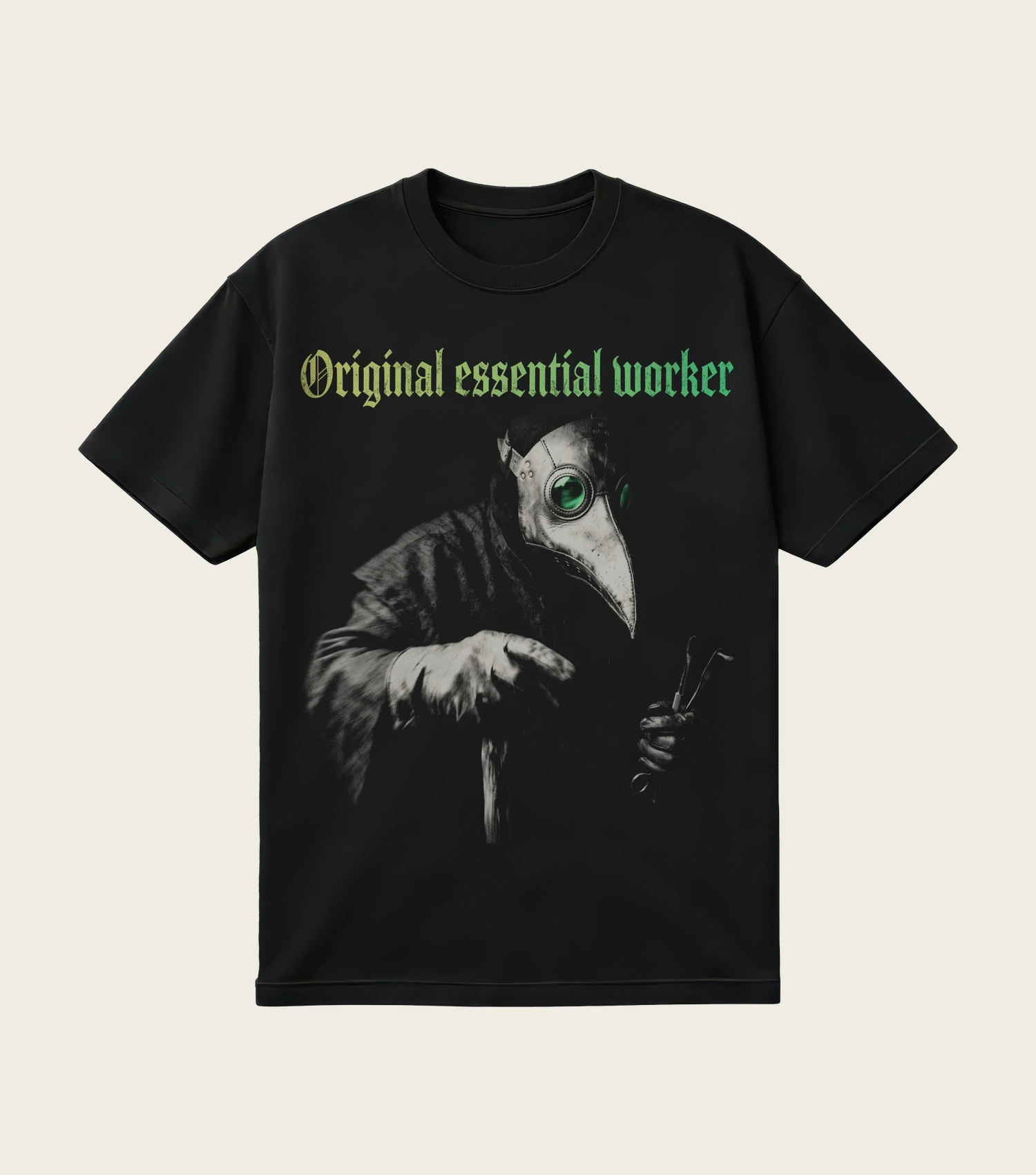 Original Essential Worker printed on a black t-shirt, laid flat