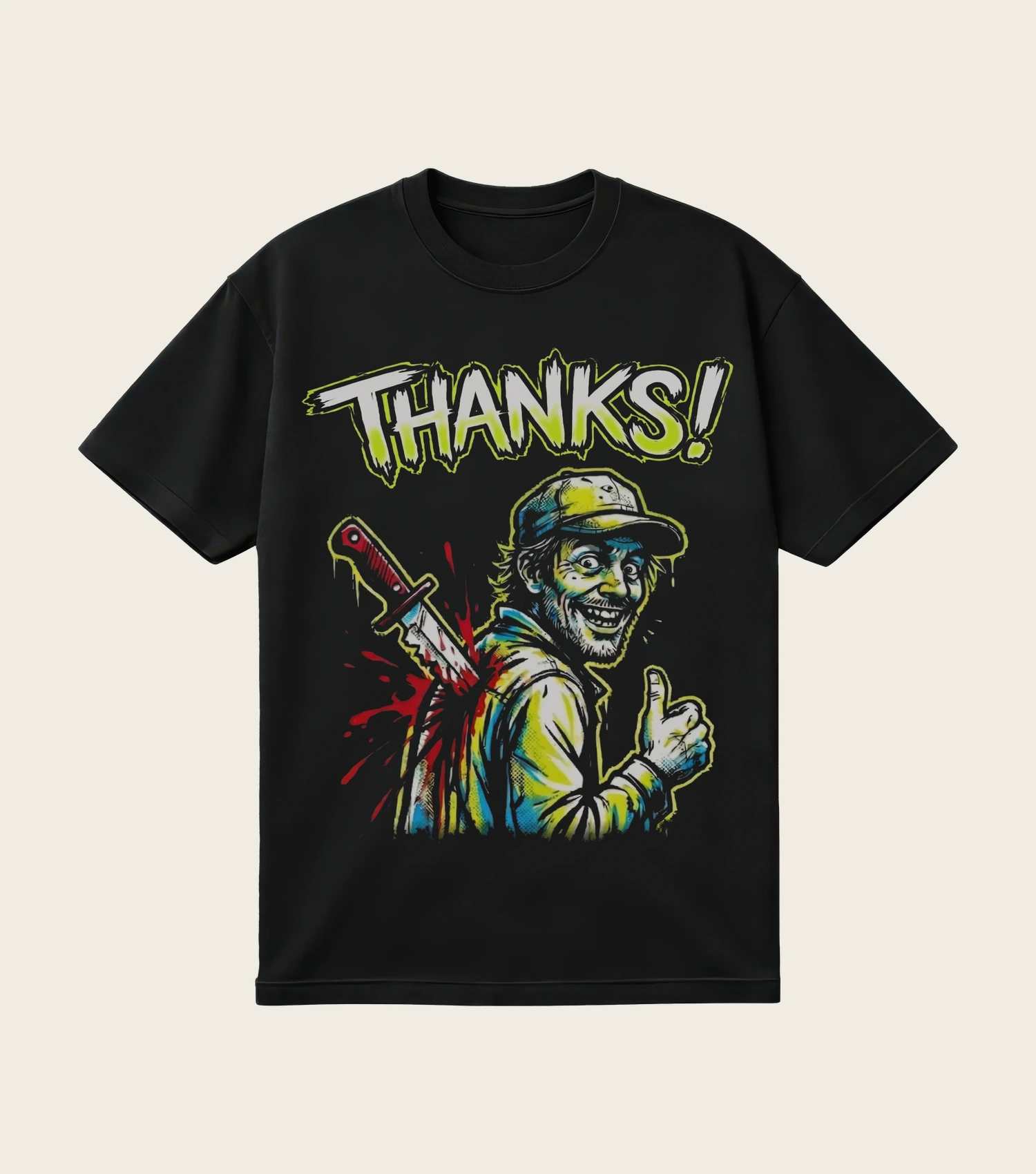 Thanks! printed on a black t-shirt, laid flat