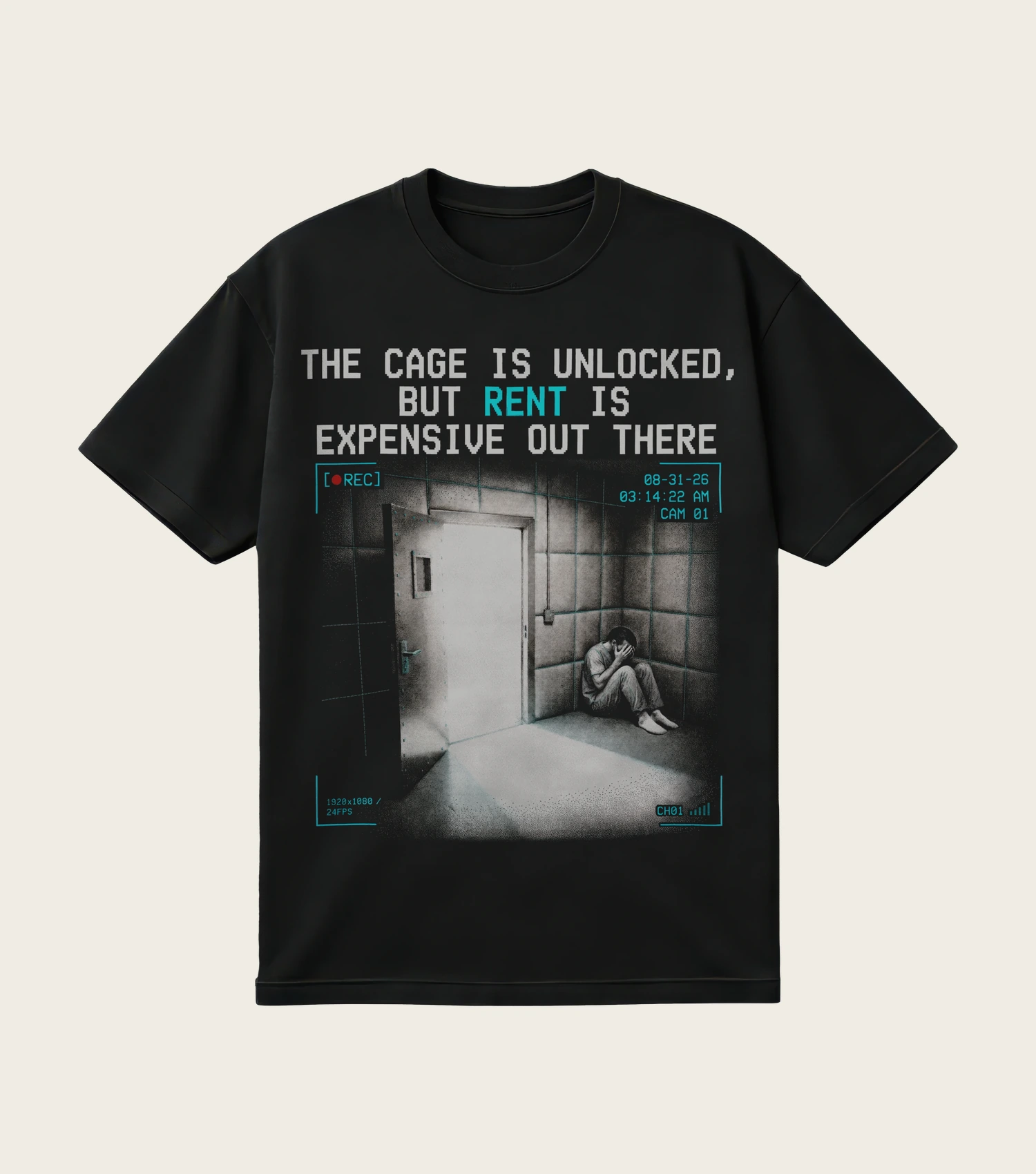The Cage is Unlocked, But… printed on a black t-shirt, laid flat