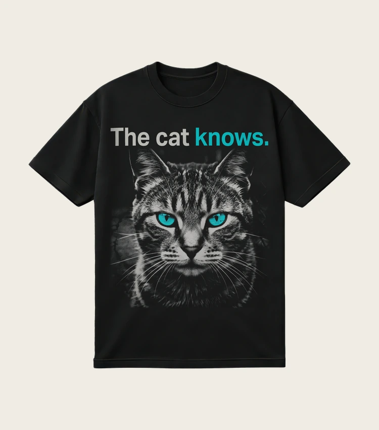 The Cat Knows. printed on a black t-shirt, laid flat