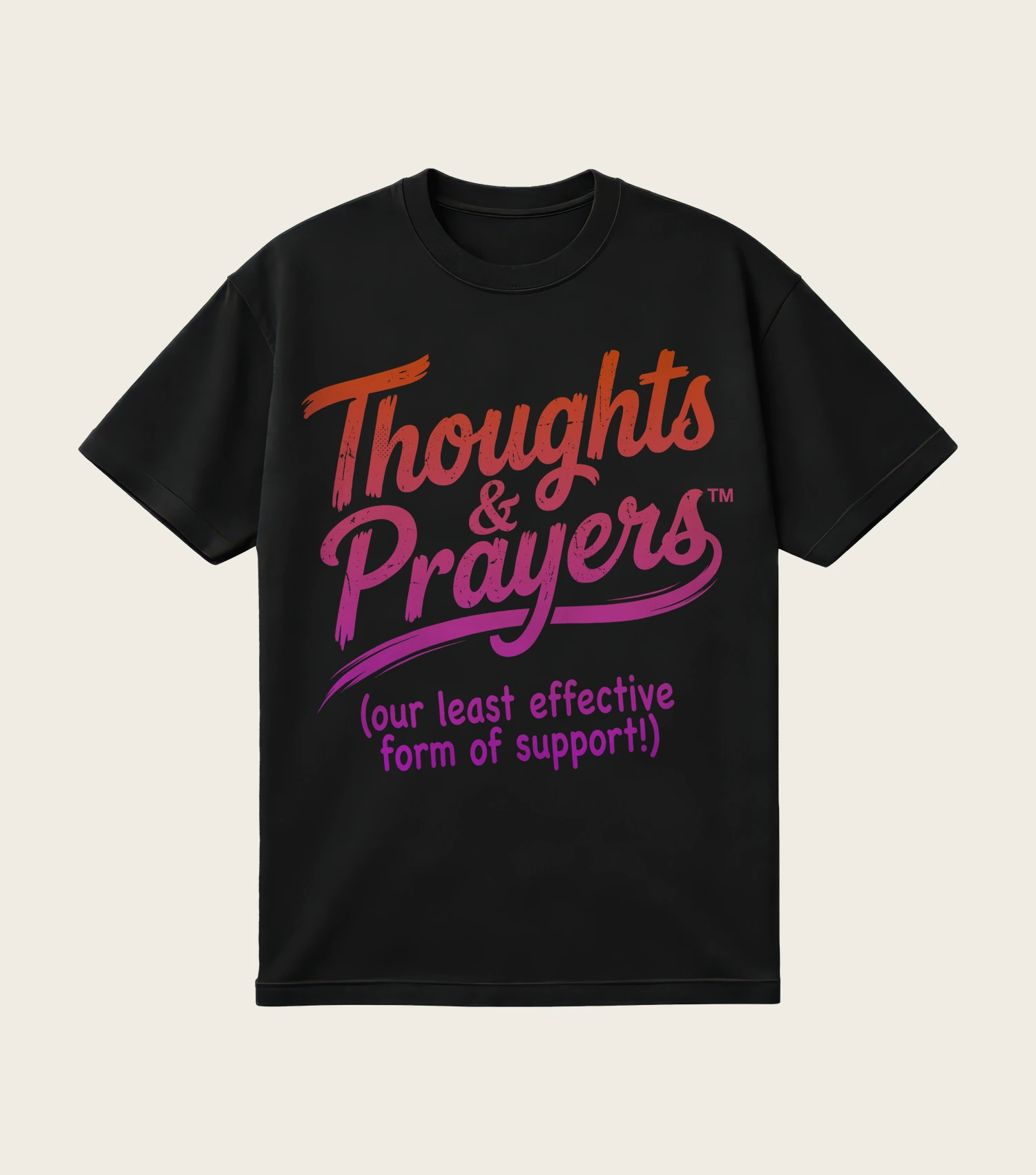 Thoughts & Prayers printed on a black t-shirt, laid flat