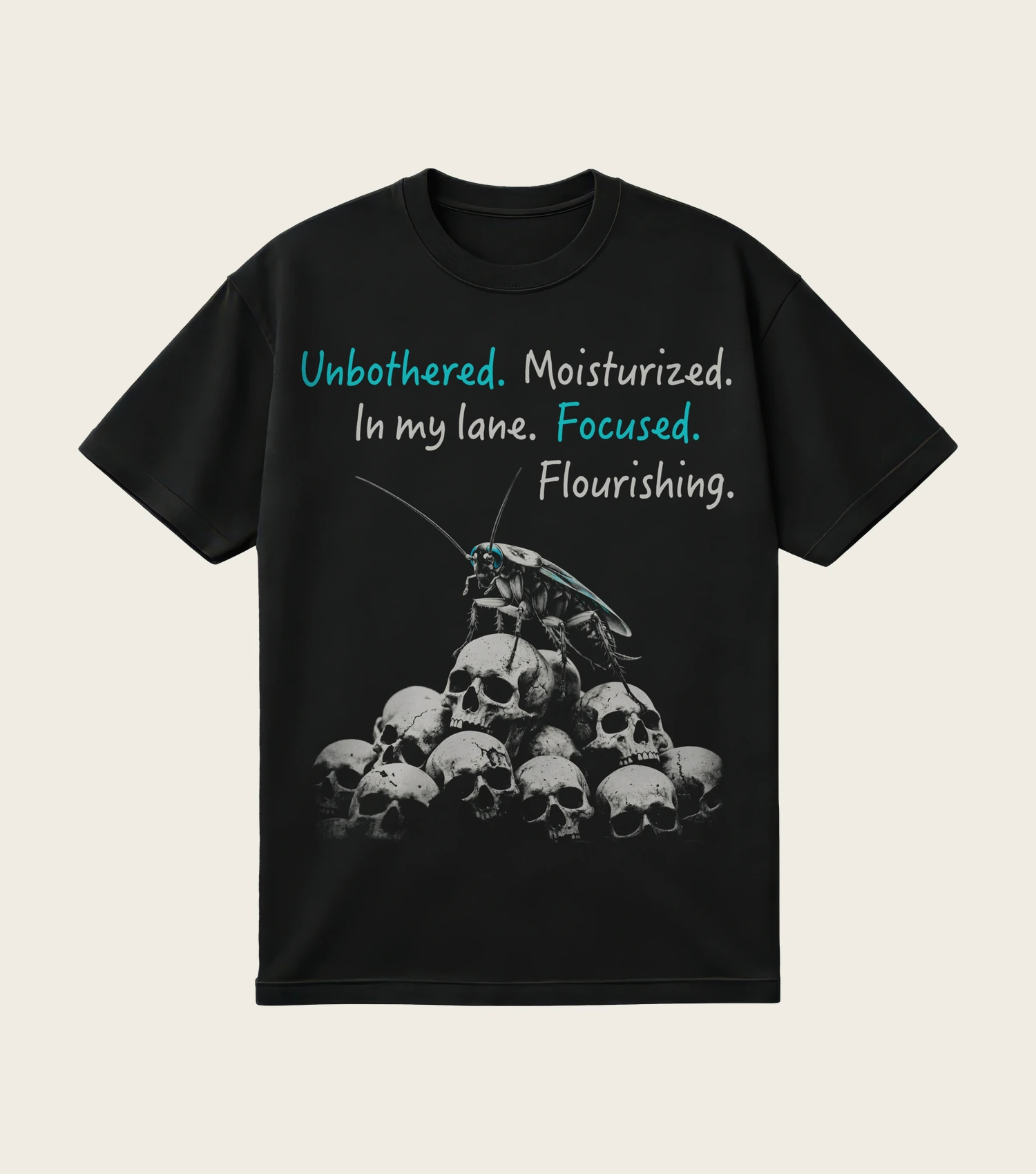 Focused. Flourishing. printed on a black t-shirt, laid flat