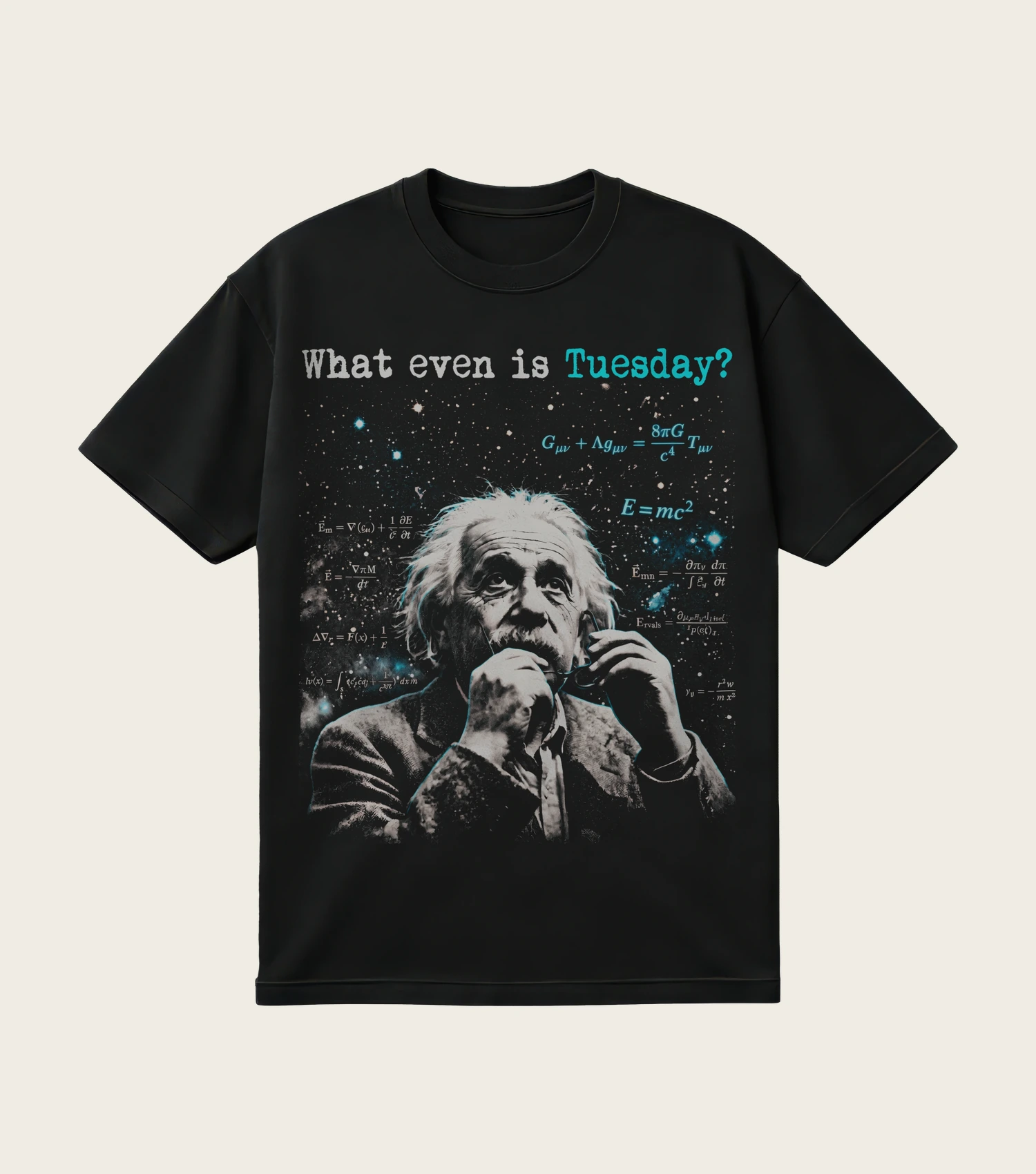 What Even Is Tuesday? printed on a black t-shirt, laid flat