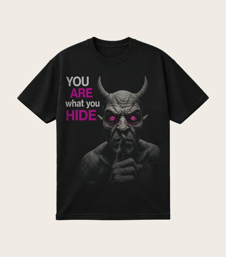 You Are What You Hide printed on a black t-shirt, laid flat