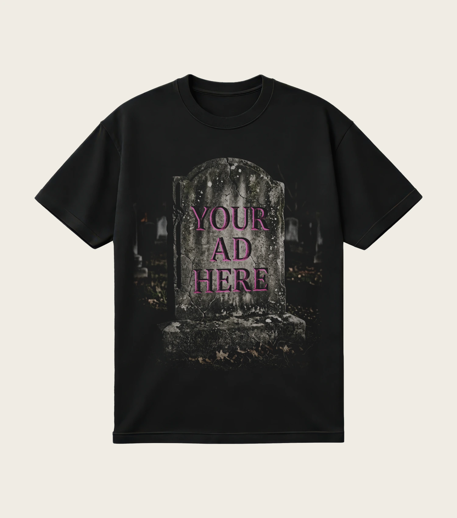 Your Ad Here printed on a black t-shirt, laid flat