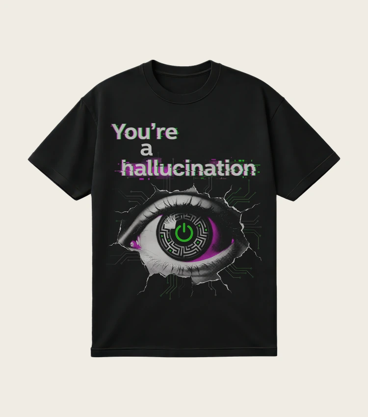 You're a Hallucination printed on a black t-shirt, laid flat