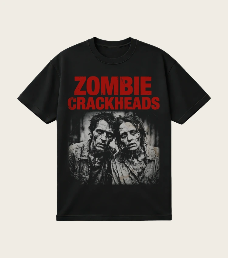 Zombie Crackheads printed on a black t-shirt, laid flat