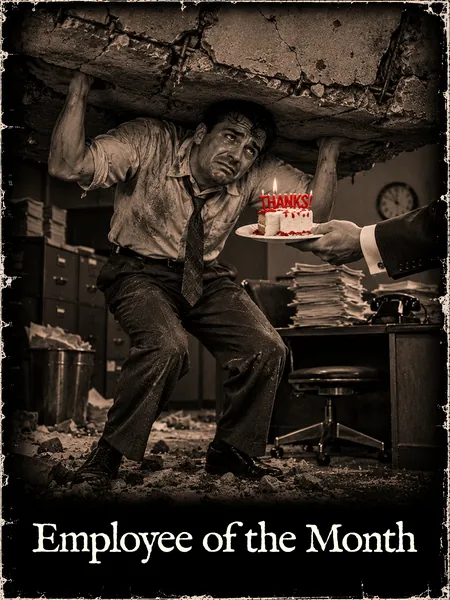 An office worker holds up a collapsing ceiling with both arms while a hand from off frame offers him a slice of cake that says THANKS.