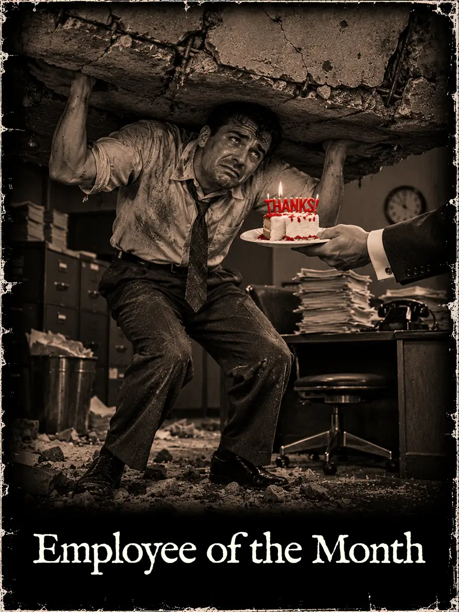 An office worker holds up a collapsing ceiling with both arms while a hand from off frame offers him a slice of cake that says THANKS.