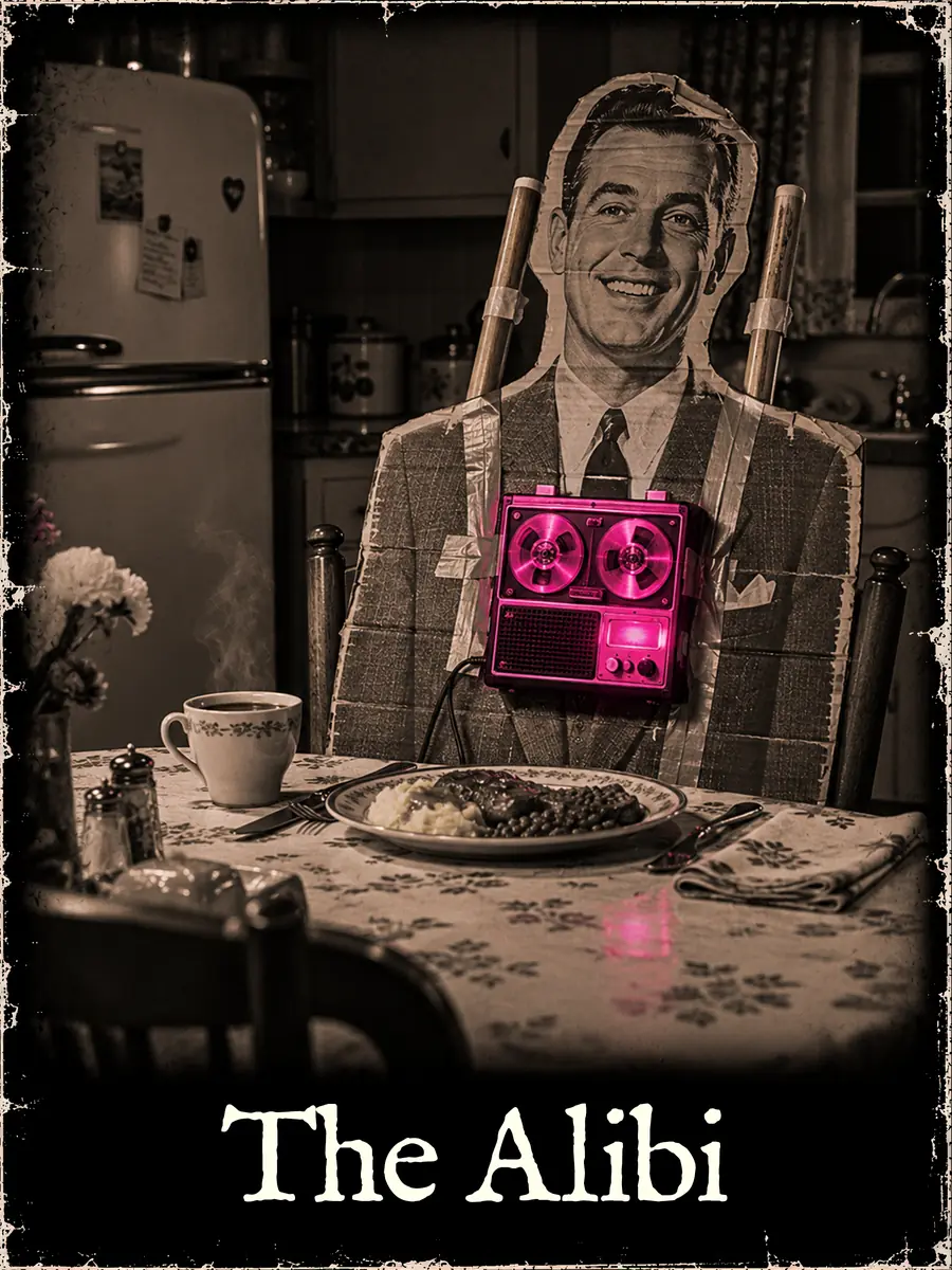 A cardboard cutout of a smiling husband sits at the dinner table with a pink tape recorder strapped to its chest.