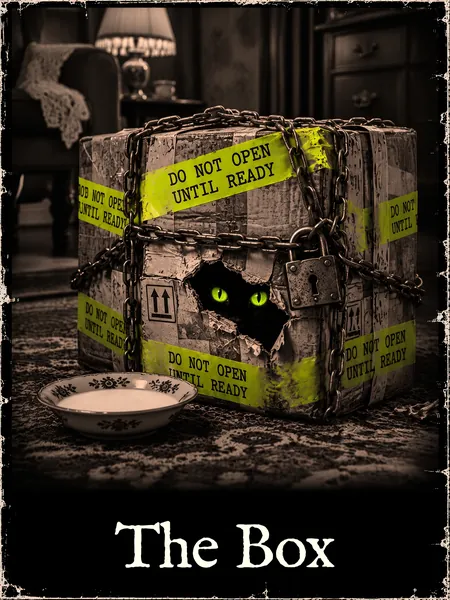 A chained and padlocked cardboard box taped DO NOT OPEN UNTIL READY, glowing cat eyes inside, a saucer of milk in front.