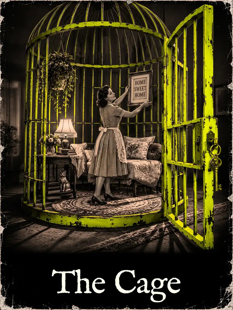 A housewife decorates the inside of a giant yellow birdcage whose door stands wide open with the key in the lock.