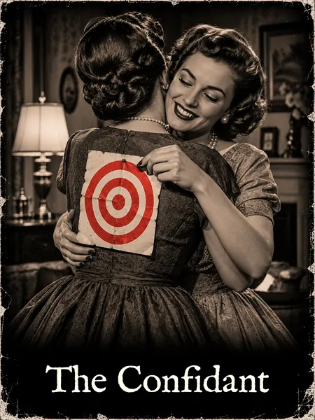A smiling woman hugs a friend while pinning a red bullseye target to her back.