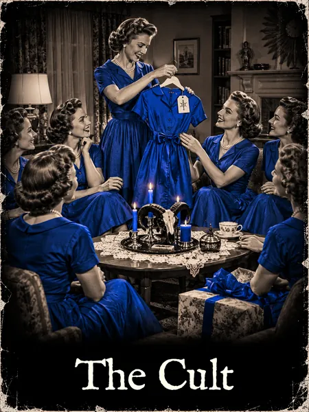 Smiling 1950s women in matching blue dresses gather around a hostess presenting a new blue dress, a ram skull and candles on the coffee table.