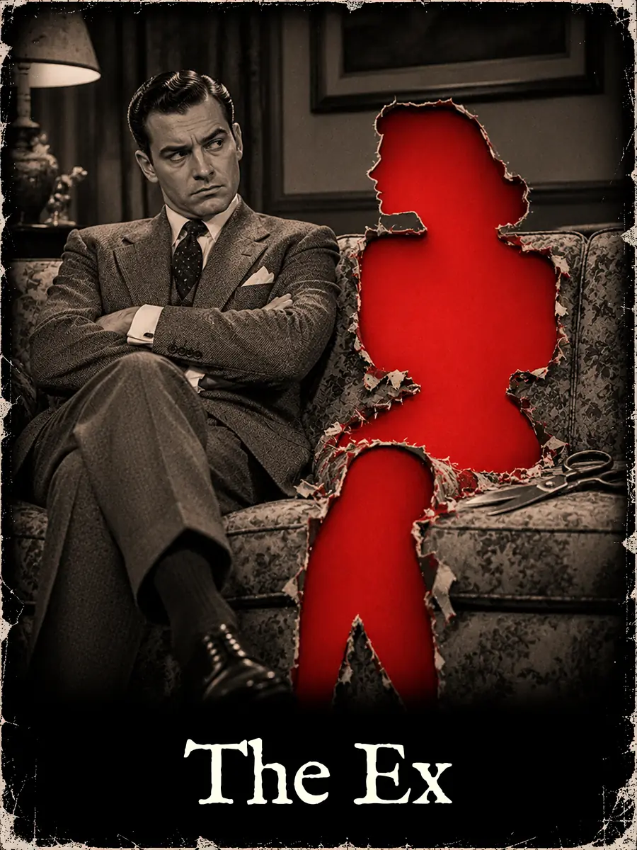 A man glares at the woman-shaped red hole cut out of the photo beside him on the sofa, scissors on the cushion.