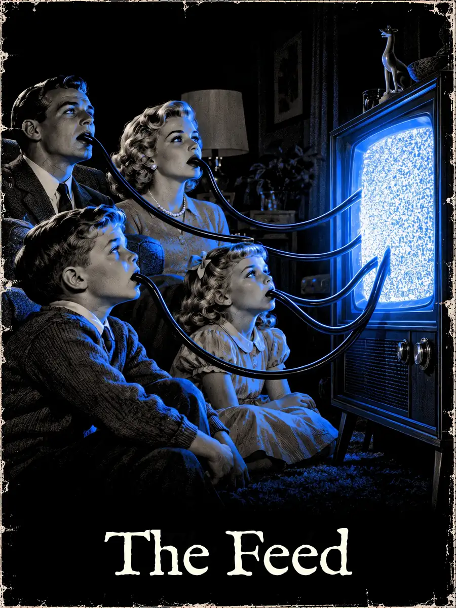 A 1950s family sits in front of a television, each person fed by a tube running from their mouth to the static on the screen.