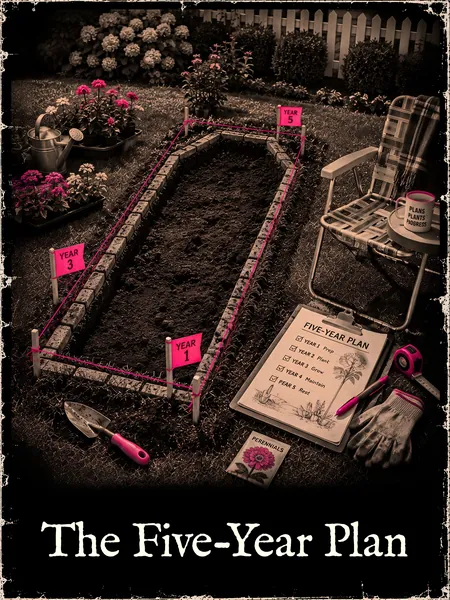 A grave-shaped garden plot marked with pink YEAR flags, a lawn chair and a ticked-off FIVE-YEAR PLAN clipboard beside it.