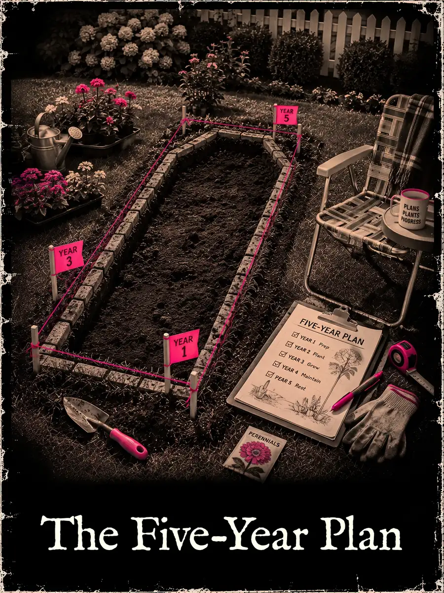 A grave-shaped garden plot marked with pink YEAR flags, a lawn chair and a ticked-off FIVE-YEAR PLAN clipboard beside it.