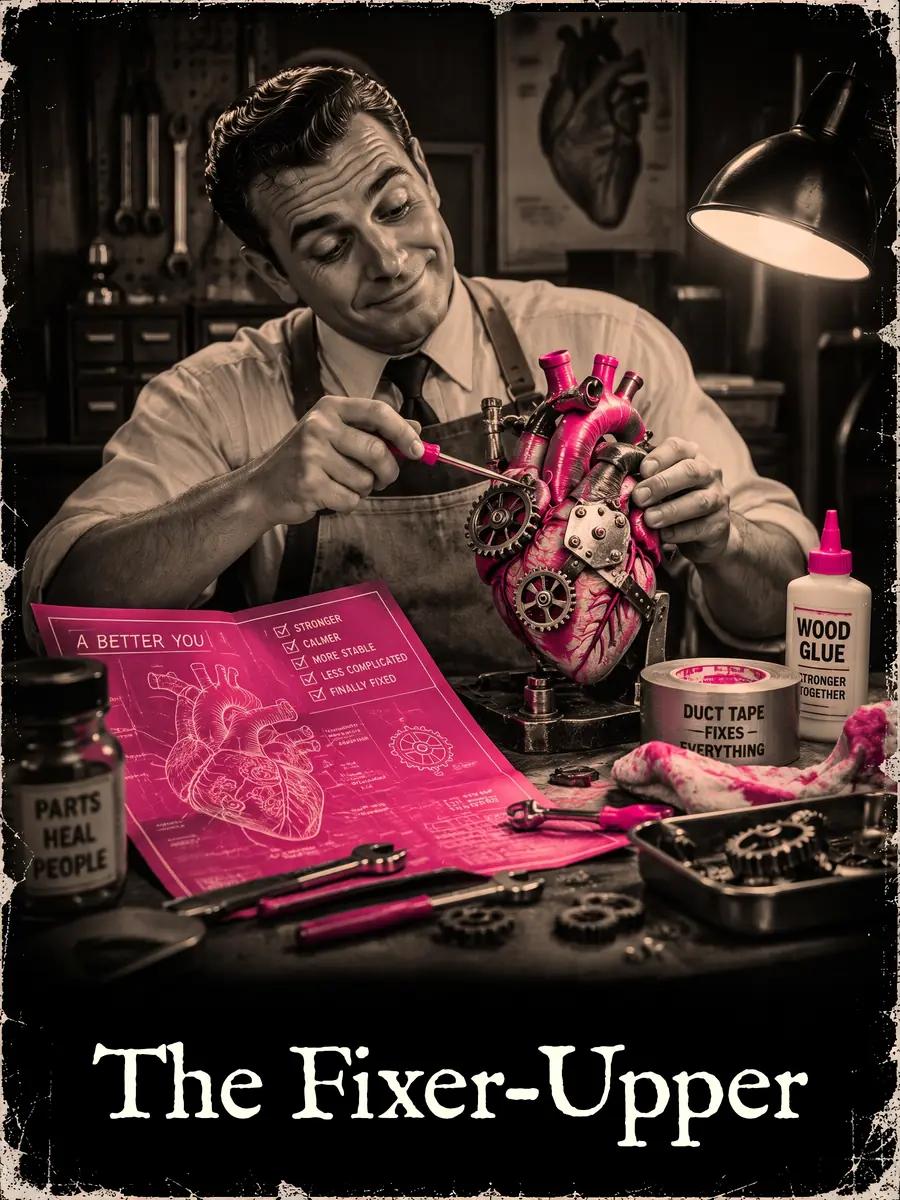 A smiling handyman repairs a pink anatomical heart with gears and a screwdriver beside a blueprint titled A BETTER YOU.