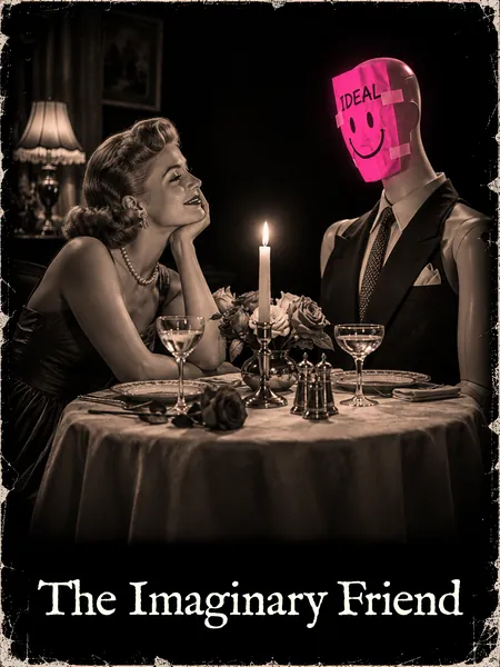 A woman gazes lovingly across a candlelit table at a mannequin wearing a pink paper bag labeled IDEAL.