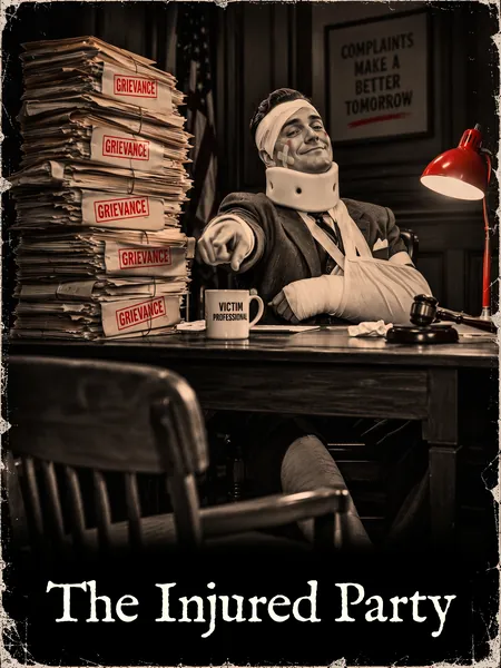 A bandaged man in a neck brace points accusingly from behind a desk stacked with folders stamped GRIEVANCE.