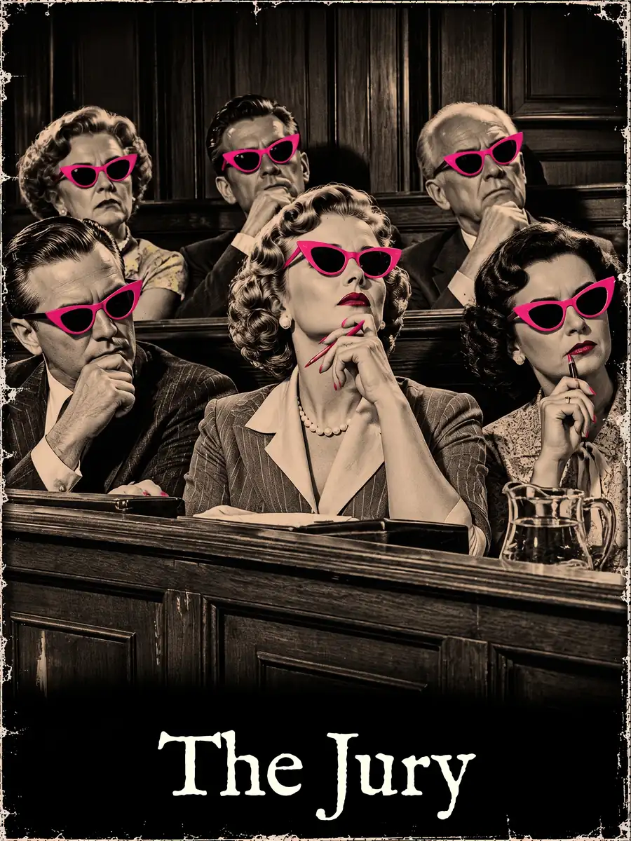 Jurors deliberate solemnly in a jury box, every one of them wearing pink cat-eye sunglasses.