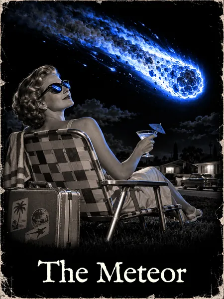 A woman relaxes in a lawn chair with a cocktail and a packed suitcase, watching a blue meteor fall toward her street.