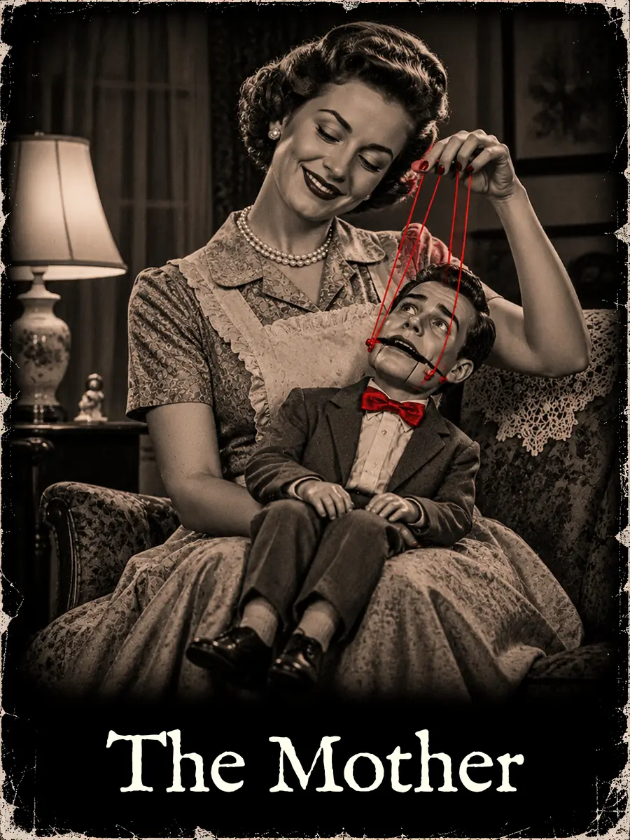 A smiling mother holds a grown man on her lap like a ventriloquist dummy, red strings in her hand.