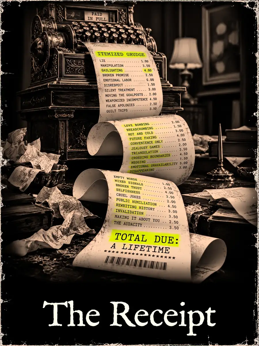 A vintage cash register prints a long receipt titled ITEMIZED GRUDGE, ending in TOTAL DUE: A LIFETIME.